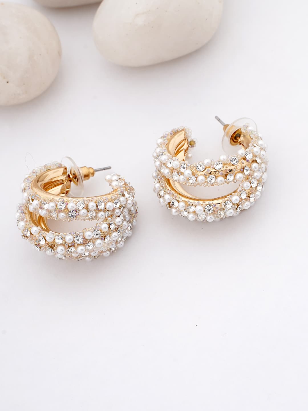 Gold Pearl & Crystal Hoop Earrings