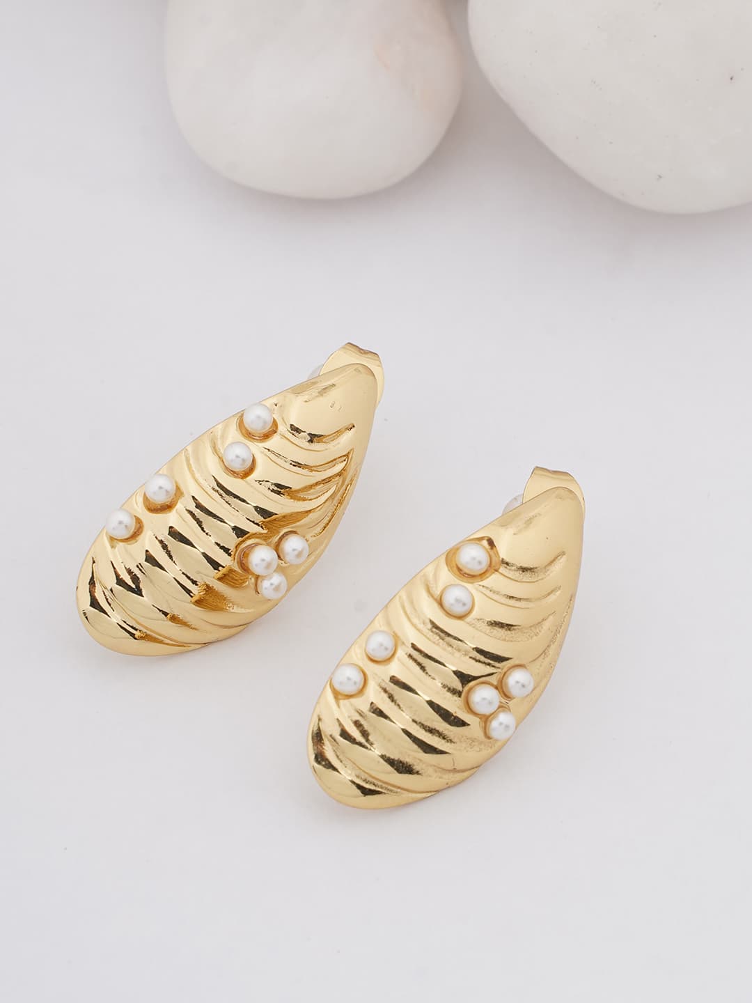 Gold Pearl Leaf Stud Earrings
