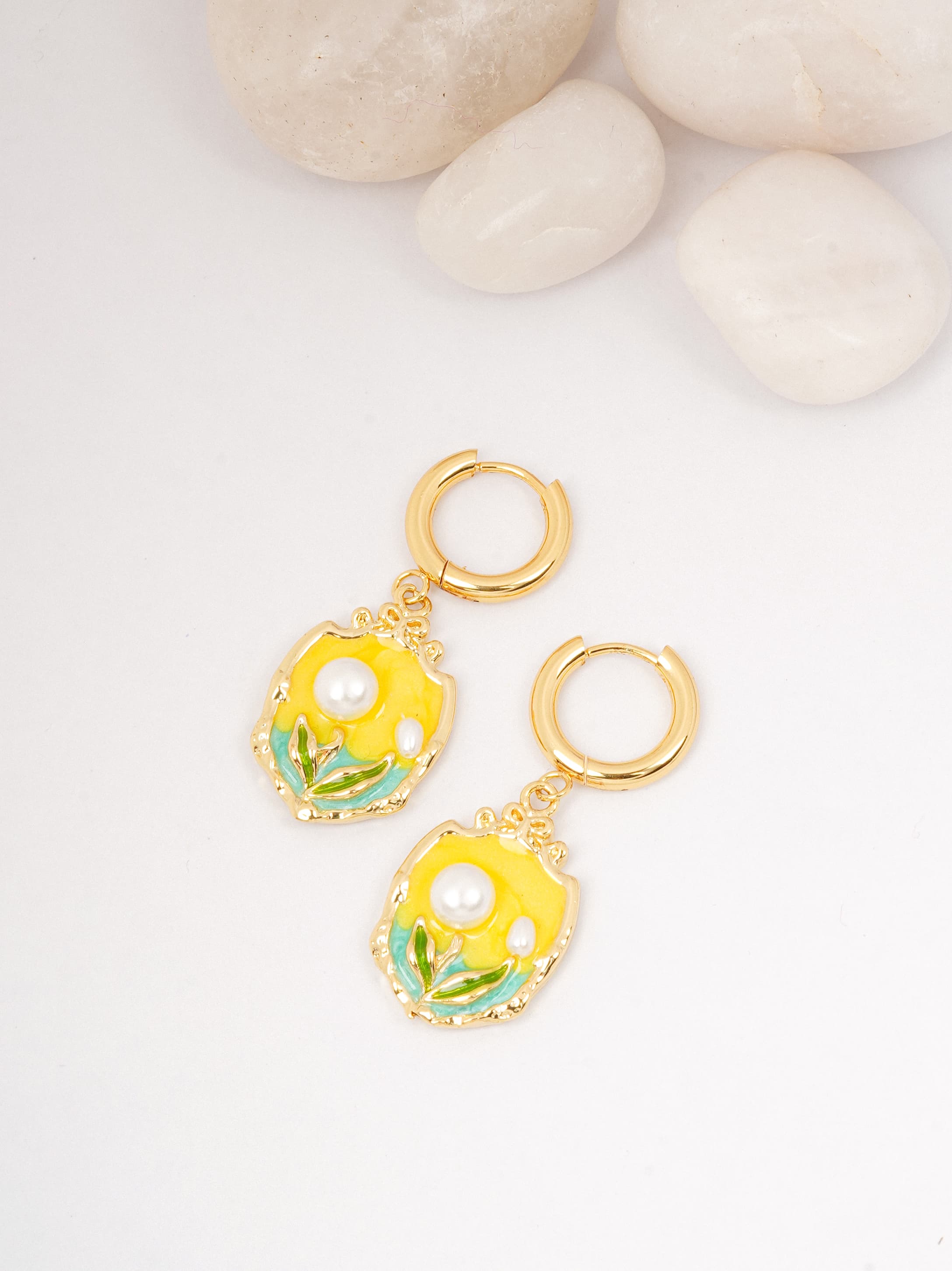 Enamel Floral Drop Hoop Earrings