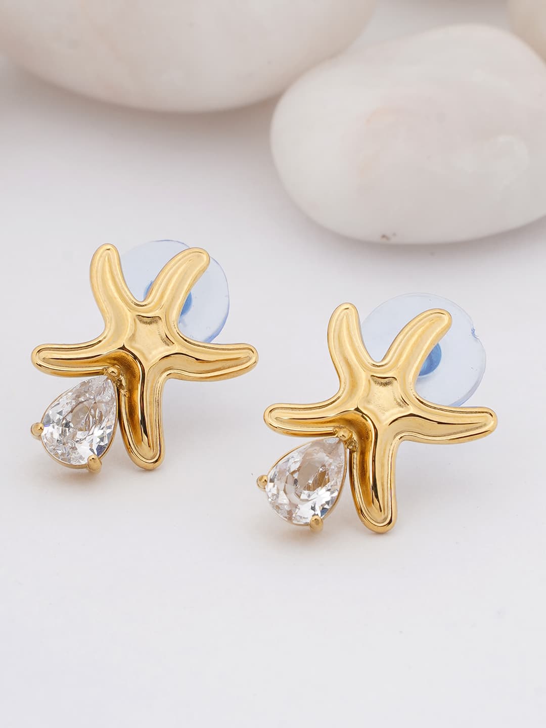 Starfish Gold Stud Earrings with Crystal Drop