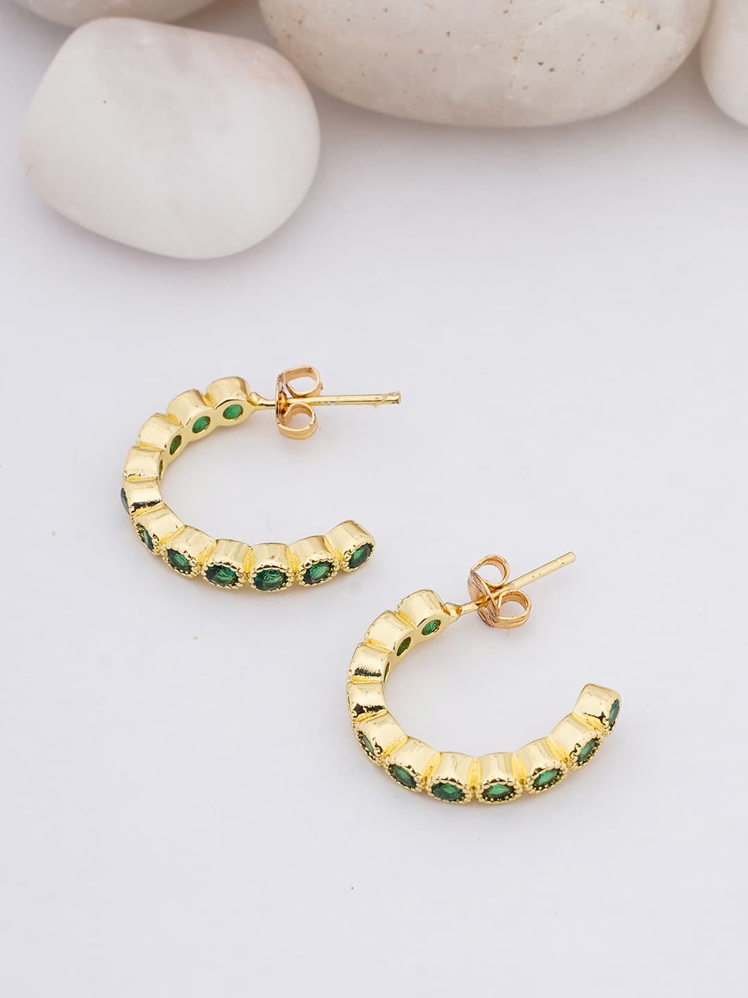 Emerald-Tone Beaded Huggie Hoops