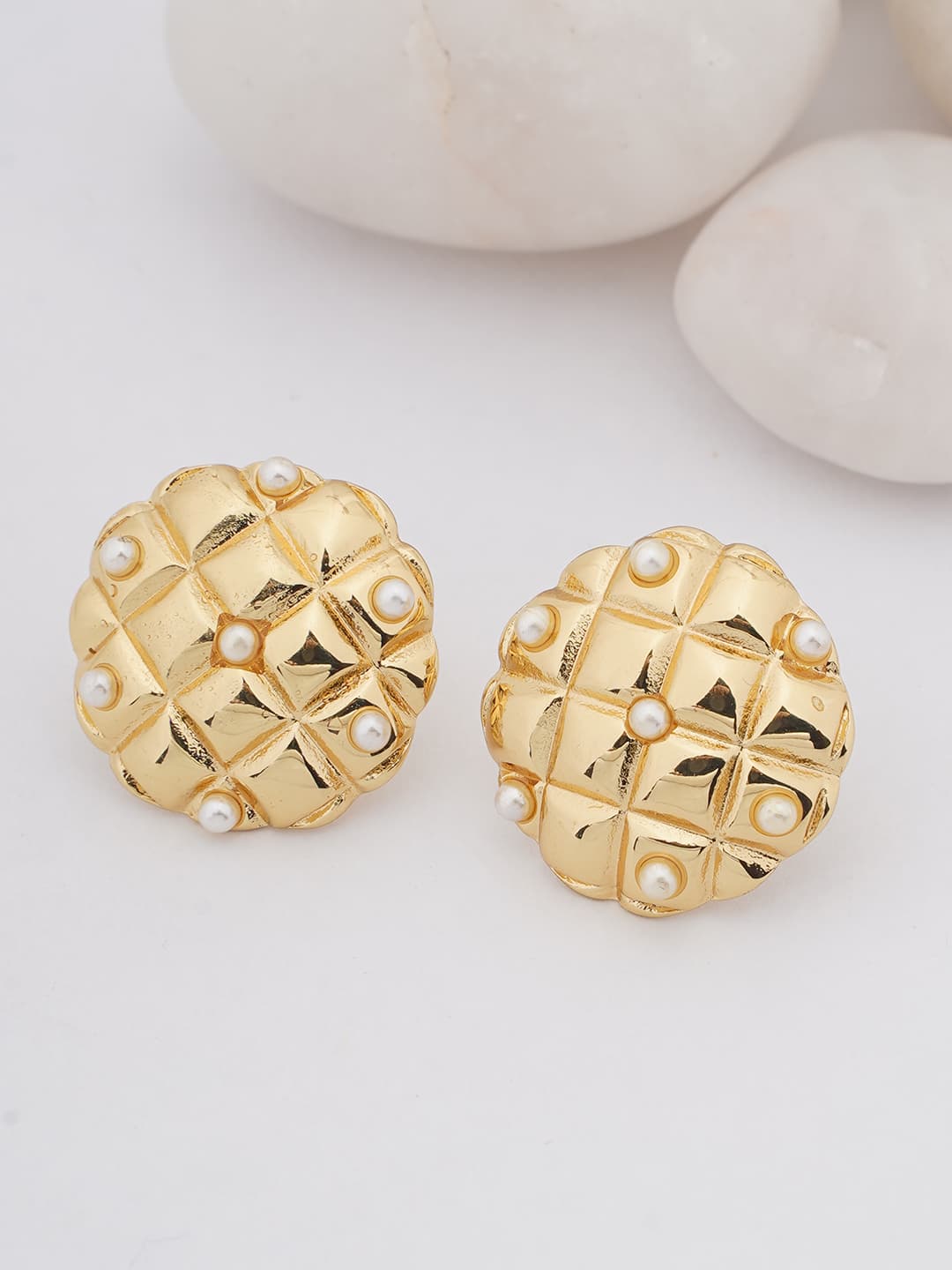 Quilted Gold Pearl Stud Earrings