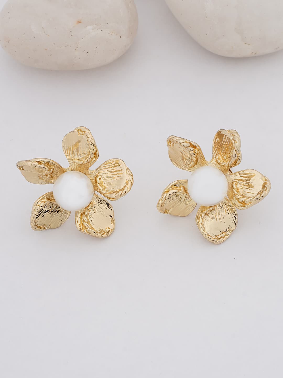 Gold-Tone Floral Pearl Stud Earrings