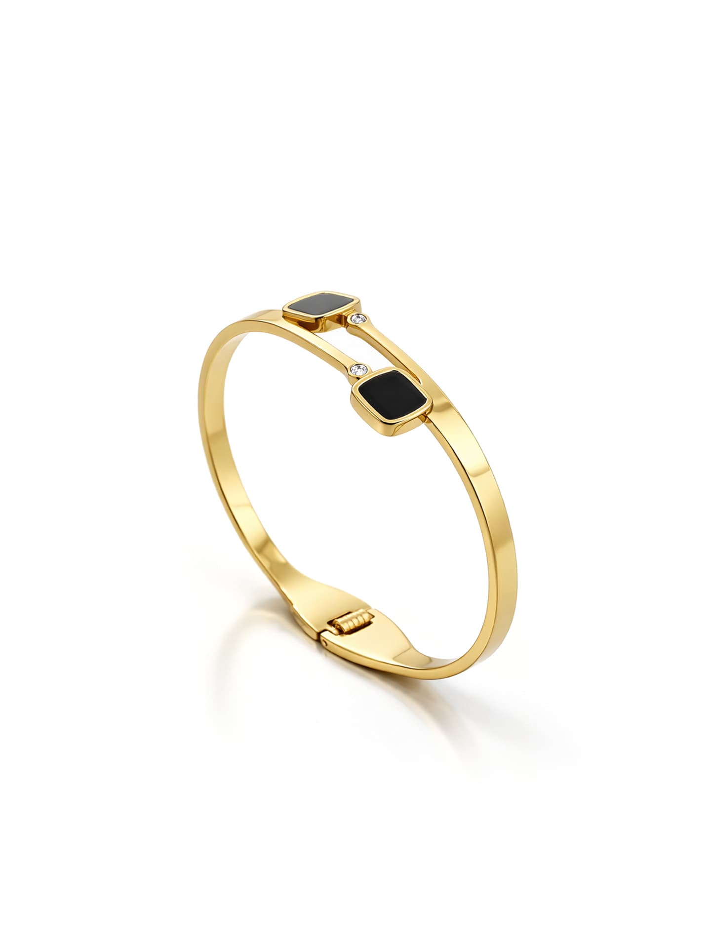 Elegant Golden Bangle Bracelet With Square Black Stones