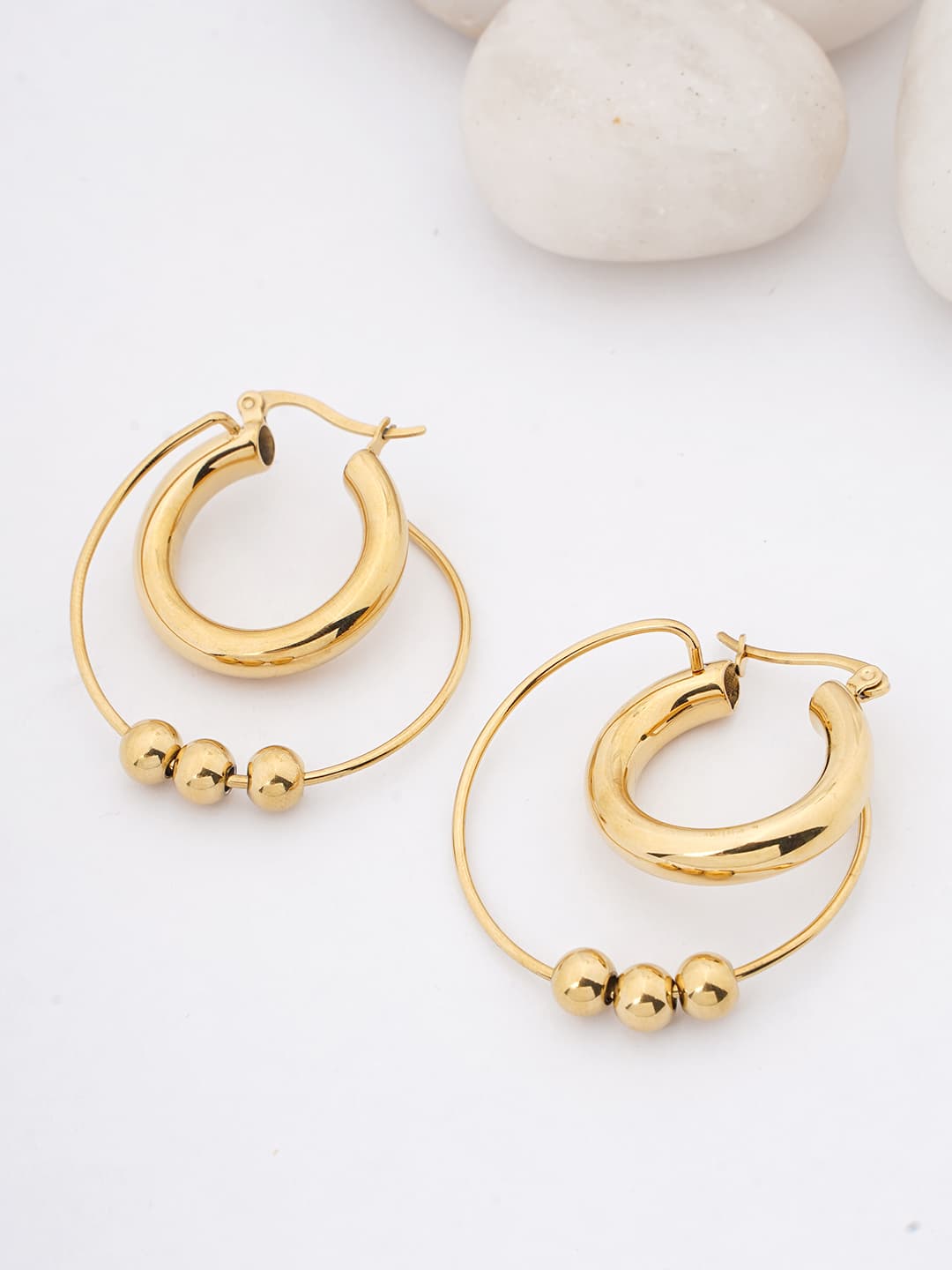 Double Hoop Beaded Gold Earrings
