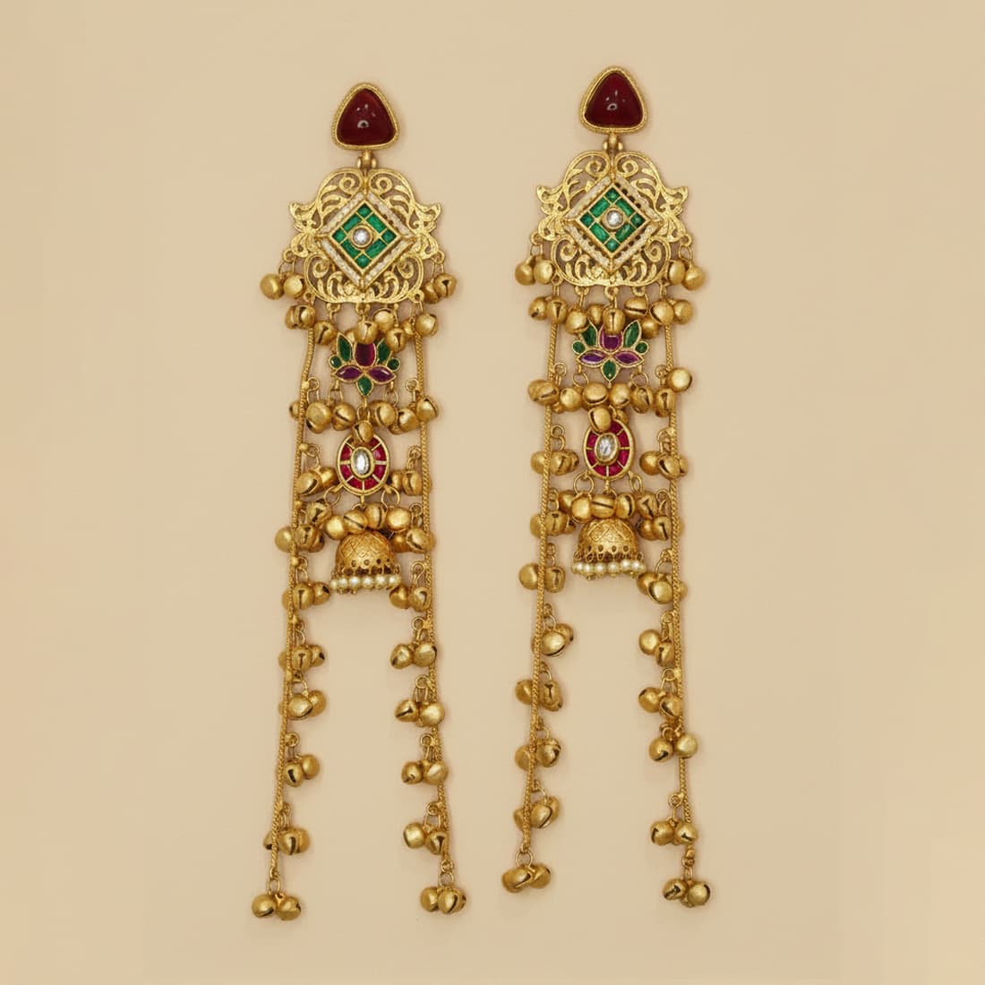 Gold Plated Temple Design Long Kashmiri Earrings