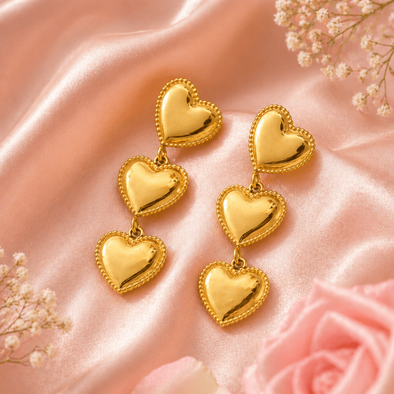 Triple Tiered Gold Heart Drop Earrings