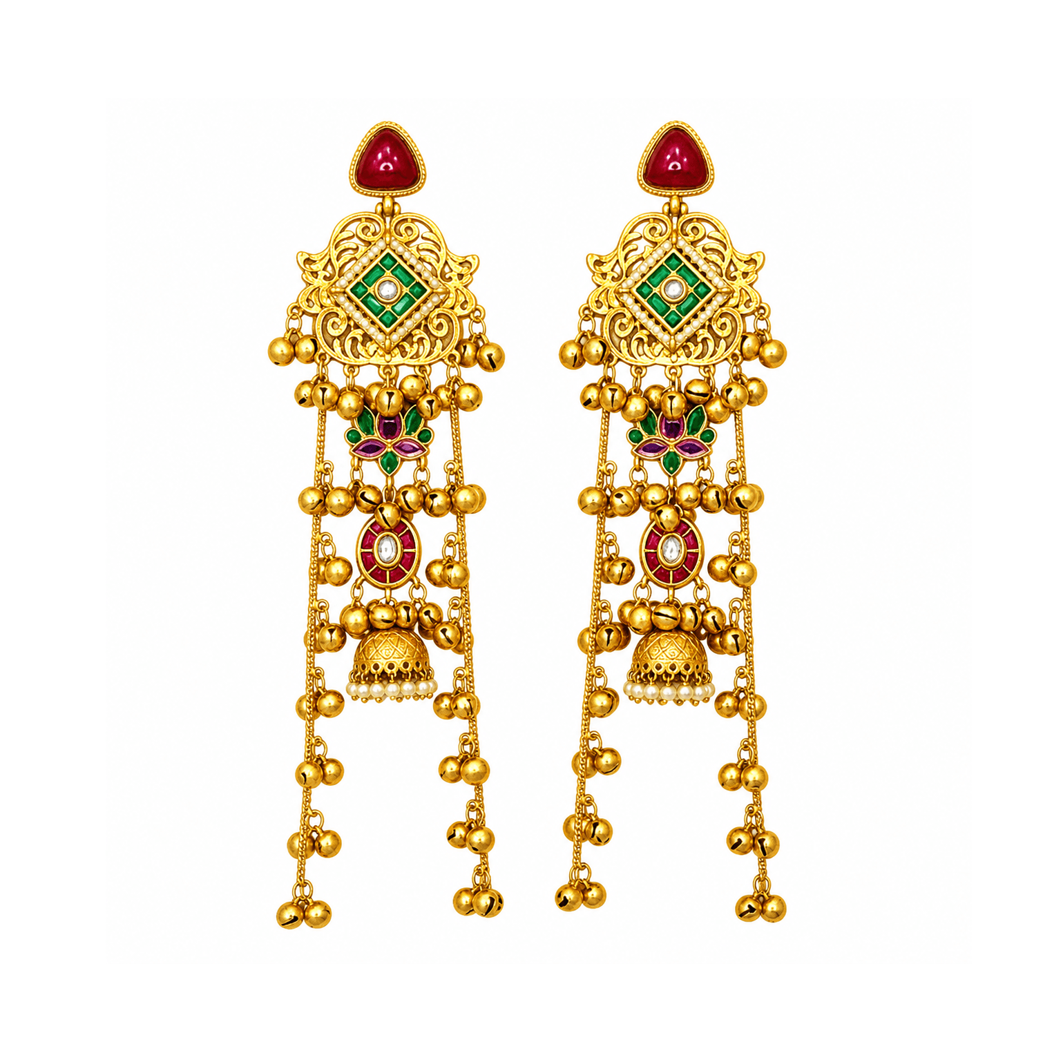 Gold Plated Temple Design Long Kashmiri Earrings