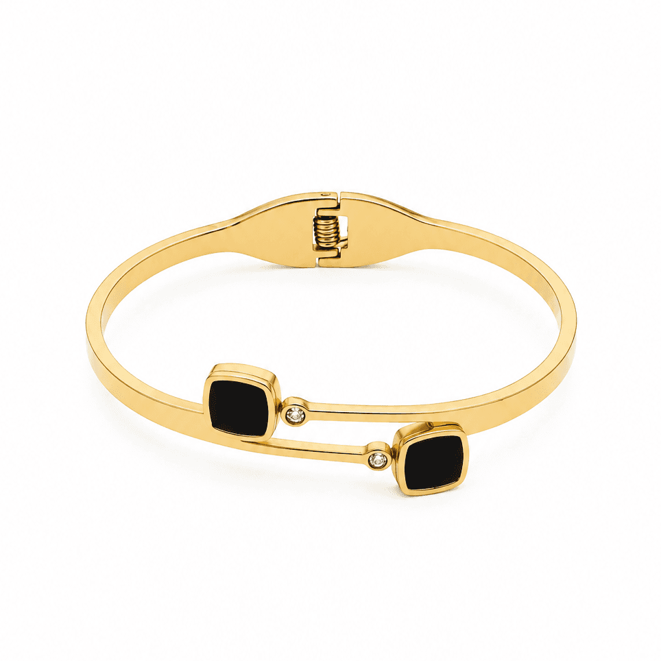 Elegant Golden Bangle Bracelet With Square Black Stones