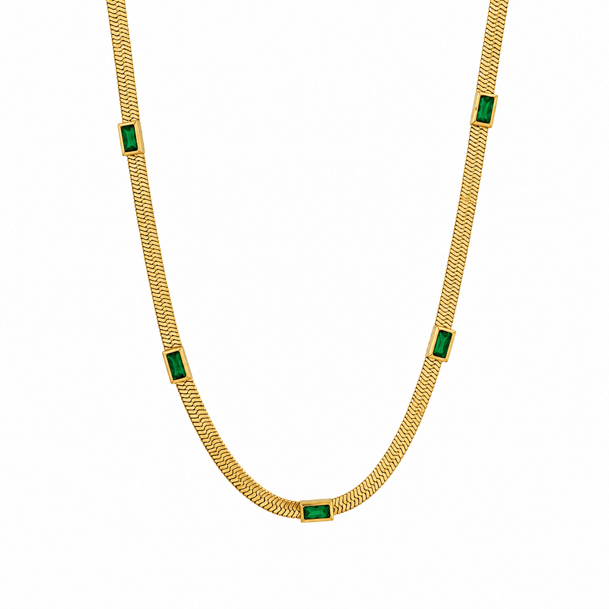 Green Square Stone Gold Plated Snake Chain Necklace
