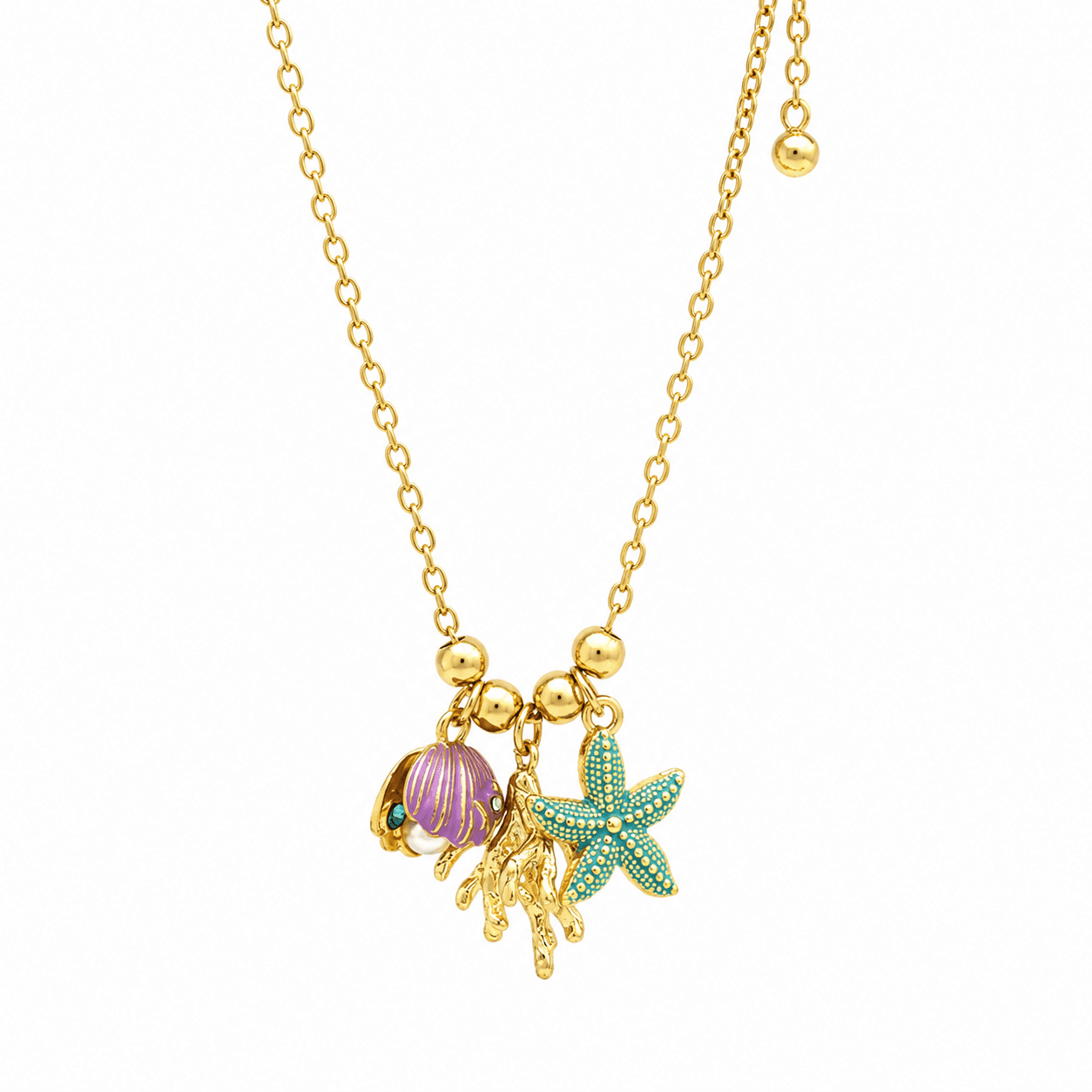 Gold Plated Starfish and Seashell Charm Necklace