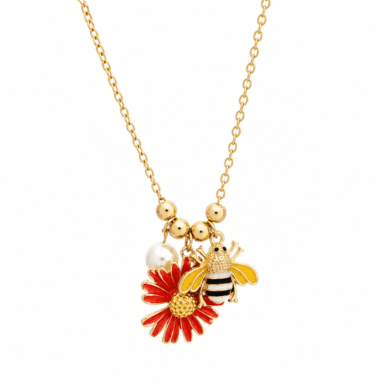 Gold Plated Bee & Red Daisy Charm Necklace